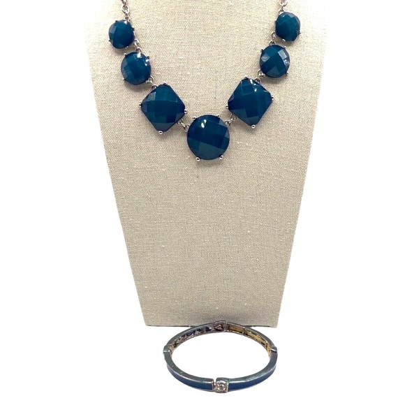 Blue Faceted Necklace & Bangle Set  Geometric Design  Silver-Tone Chain.  N71 - Picture 1 of 12